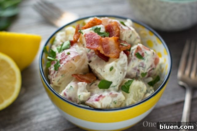 Prepared Chicken Bacon Ranch Potato Salad in a large serving bowl