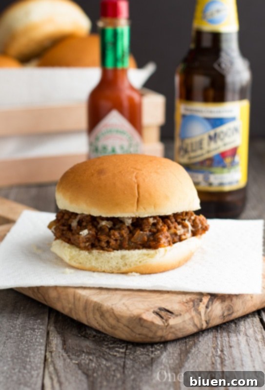 A serving of Chipotle Pale Ale Sloppy Joes on a roll with a side
