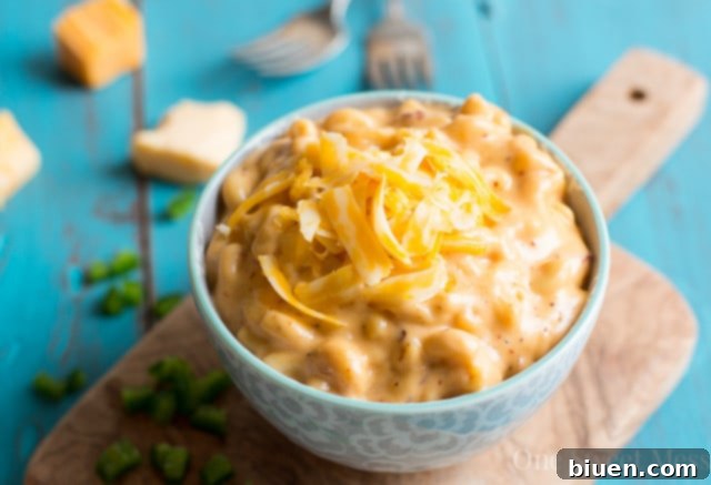 Smoky Chipotle Beer Mac and Cheese 4 Top-down view of Chipotle Beer Mac & Cheese with melted cheese