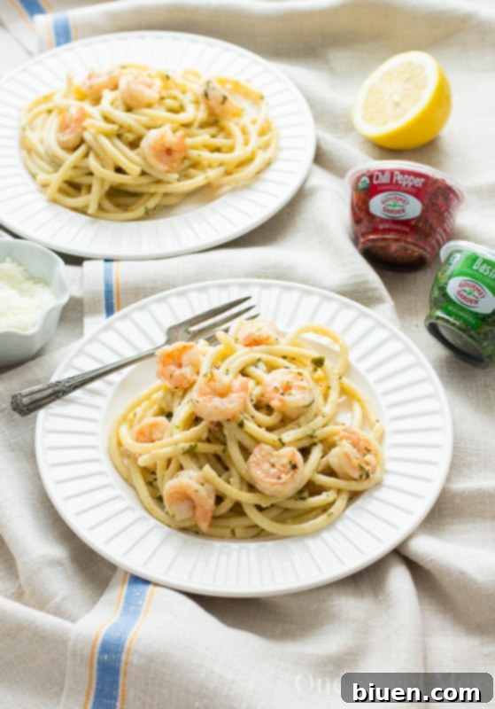 15-Minute Shrimp Linguine with Lemon Butter Cream Sauce, fresh basil and lemon zest