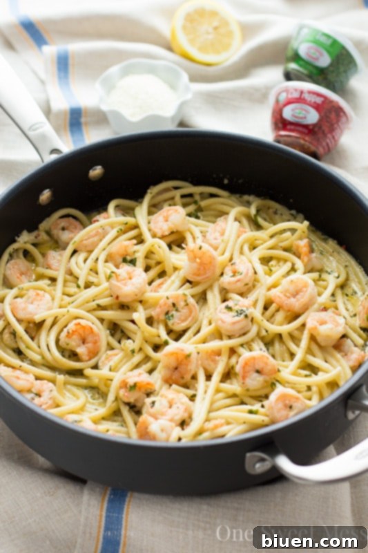15-Minute Shrimp Linguine with Lemon Butter Cream Sauce, close up