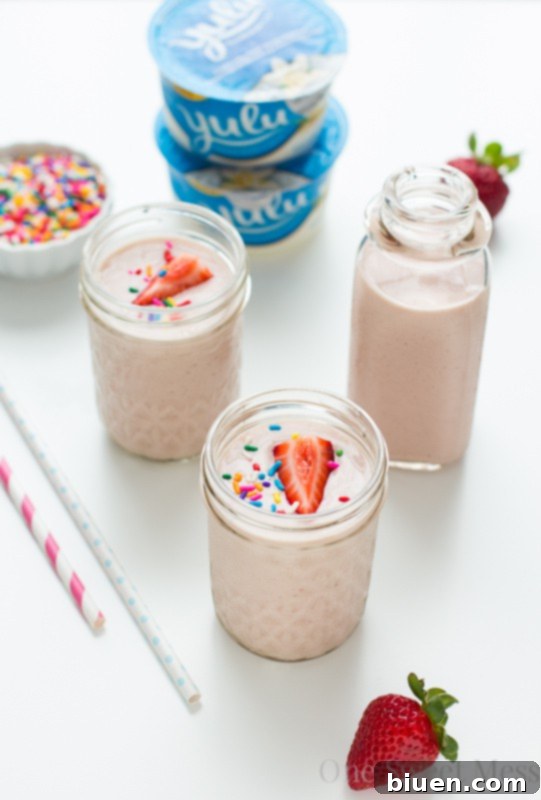 Close-up of a glass of Strawberry-Banana Cake Batter Smoothie