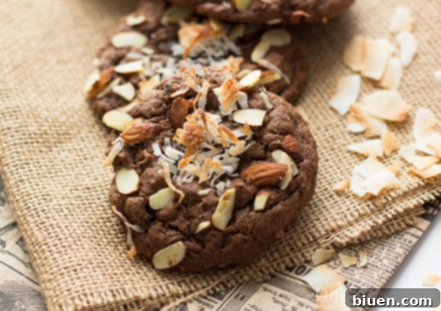 Double Chocolate Almond Joy Cookies Baked on a Sheet