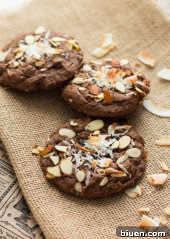 Closeup of Double Chocolate Almond Joy Cookies