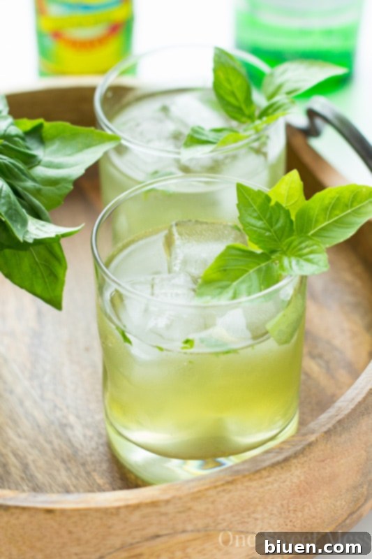 Ingredients for Basil Ginger Gin Fizz laid out on a table