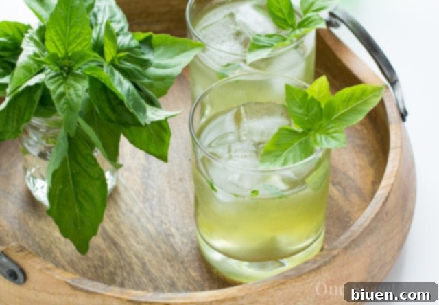 Pouring Basil Ginger Gin Fizz into a glass over ice
