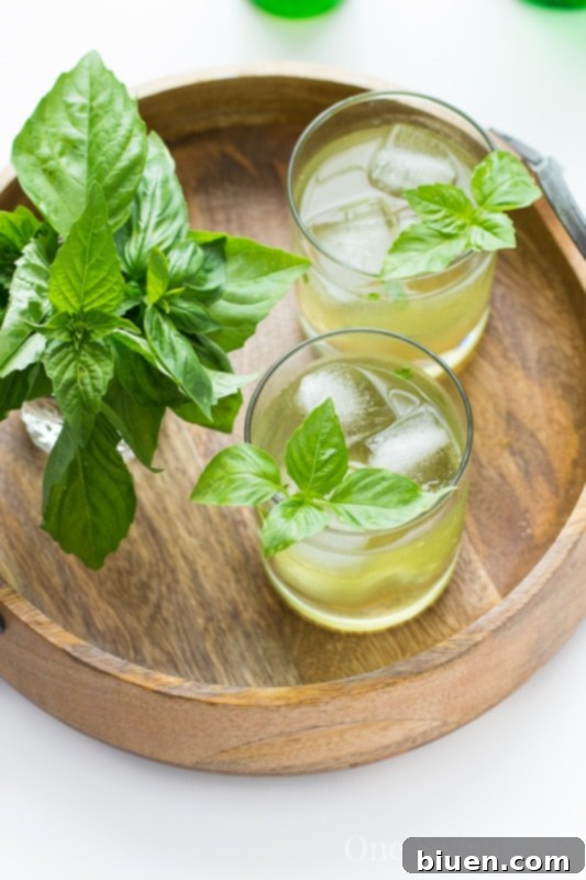 Close-up of Basil Ginger Gin Fizz with basil garnish