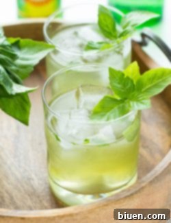 Final Basil Ginger Gin Fizz cocktail with garnish