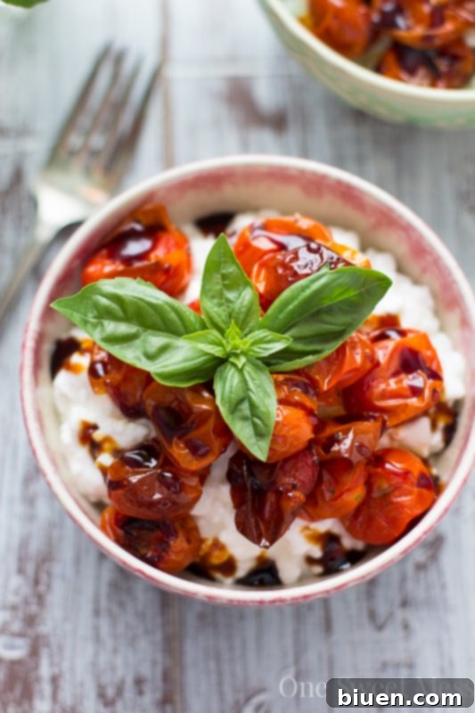 A close-up shot of the finished Roasted Tomato Basil Cottage Cheese Bowl, showcasing the vibrant colors and appealing textures of the toppings.