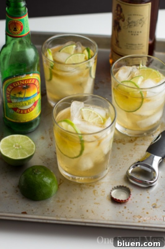 Dark & Stormy Cocktail garnished with lime and ice cubes