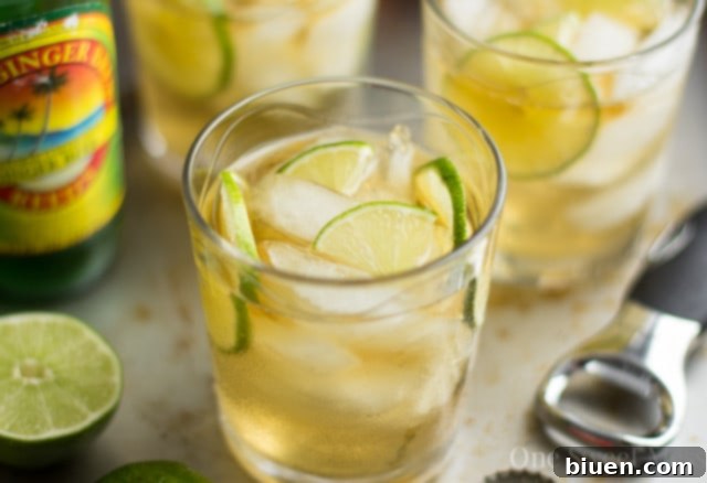 Ingredients for Dark & Stormy Cocktail: rum, ginger beer, lime