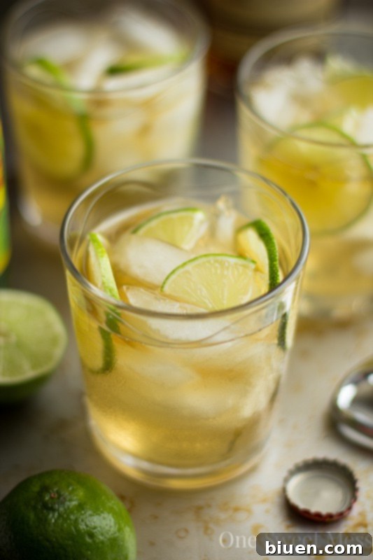 Hands mixing a Dark & Stormy Cocktail in a tall glass