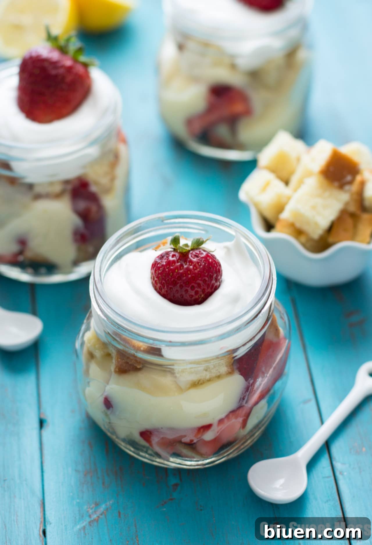 No-Bake Strawberry Shortcake Trifle in individual jars