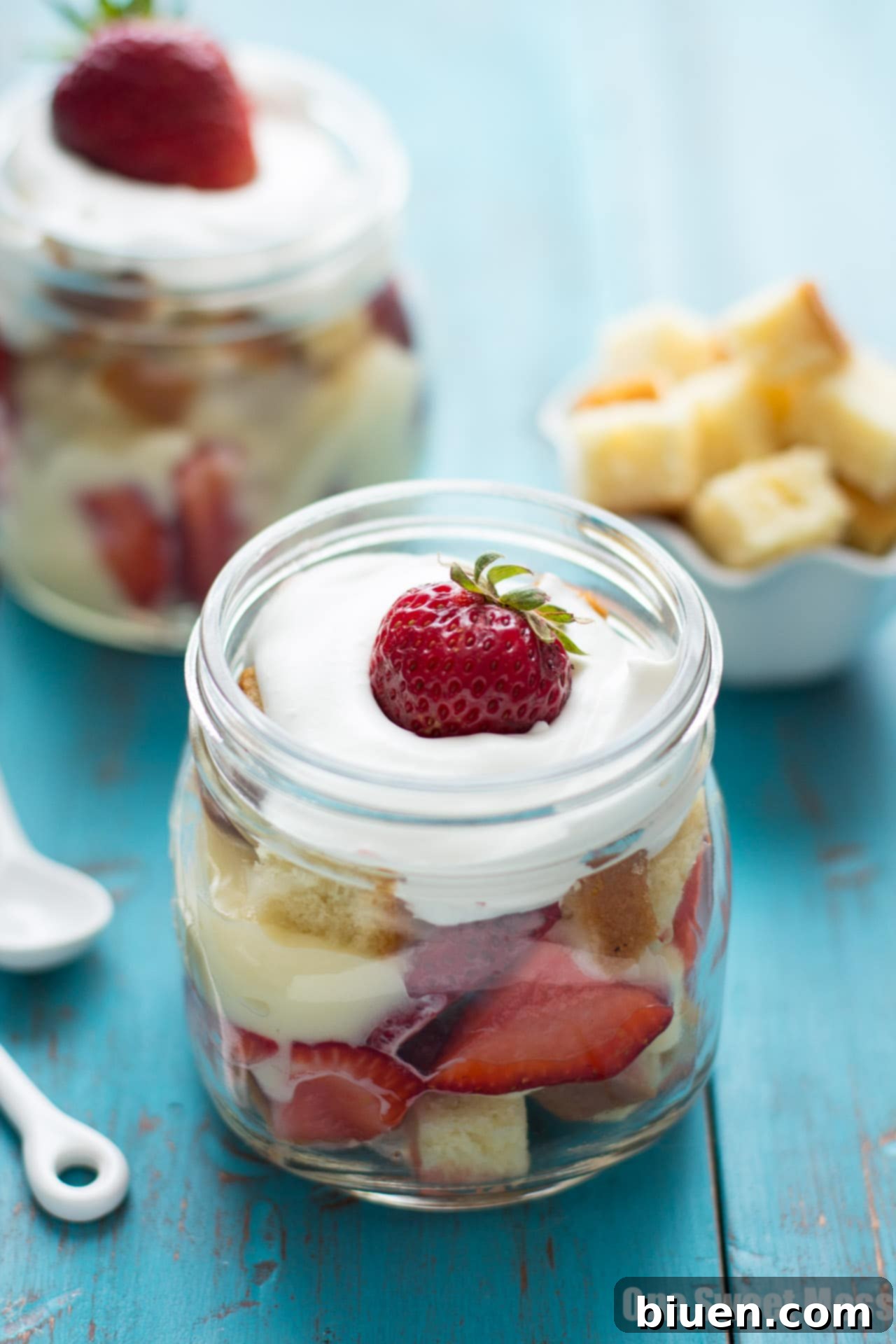 Close-up of No-Bake Strawberry Shortcake Trifle layers