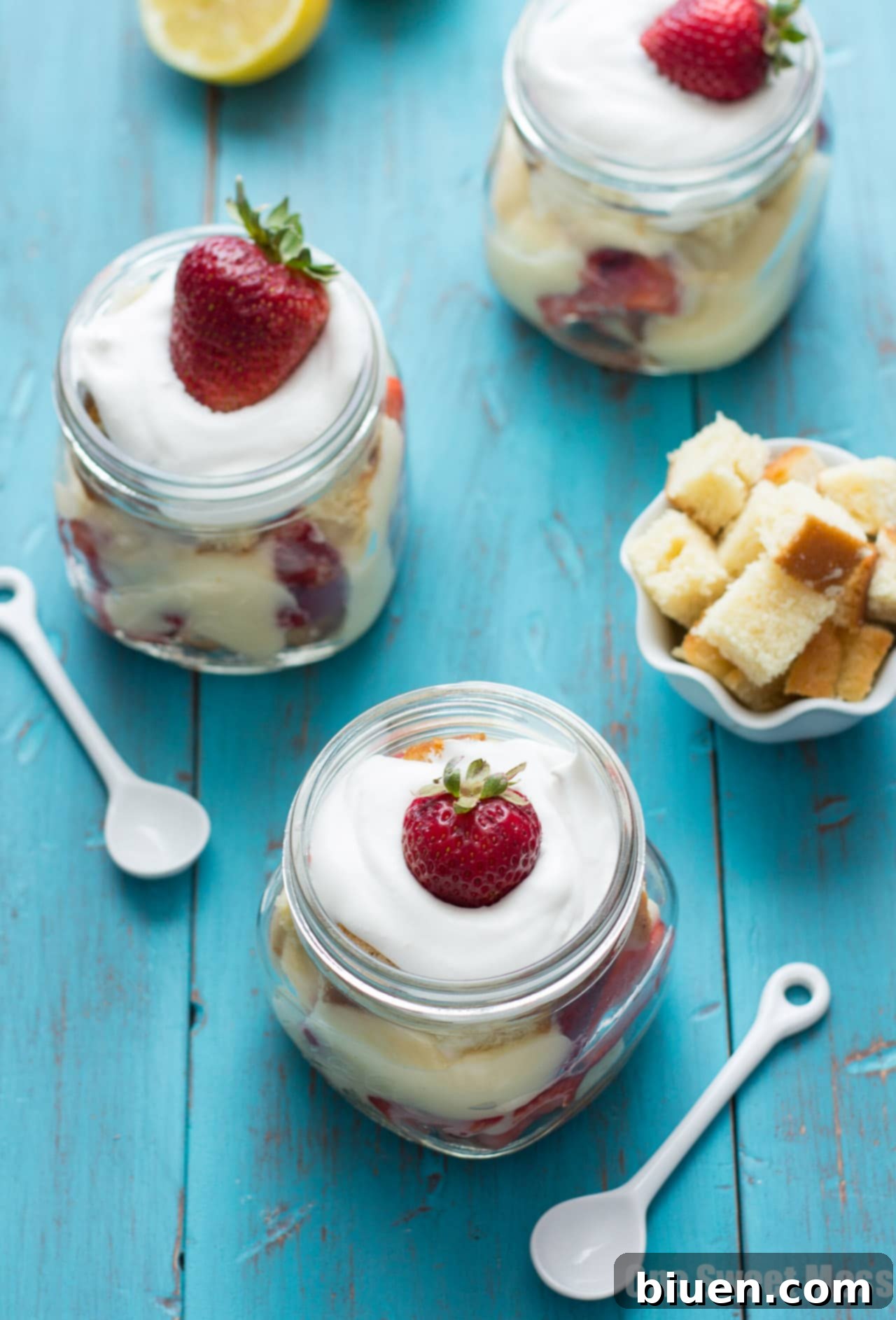 Layered No-Bake Strawberry Shortcake Trifle in a jar