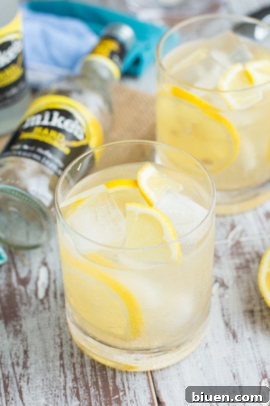 Thirsty Thursday Vanilla Bourbon Quencher 6 A close-up shot of a glass of Vanilla Bourbon Lemonade, showcasing the lemon slices and vanilla bean seeds in the drink, with a soft focus background.