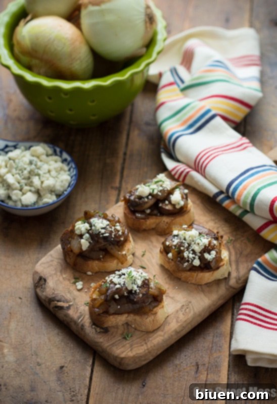 Caramelized Onion & Mushroom Crostini with Blue Cheese Crumbles