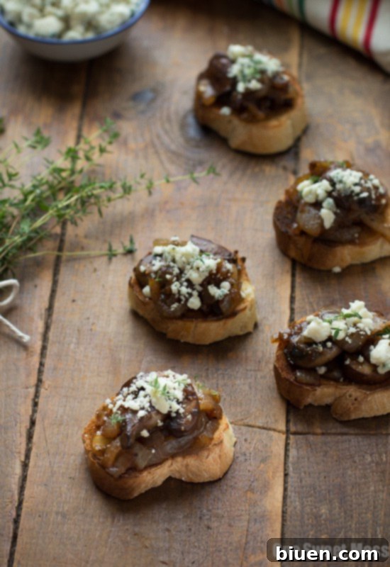 Caramelized Onion & Mushroom Crostini with Blue Cheese Crumbles