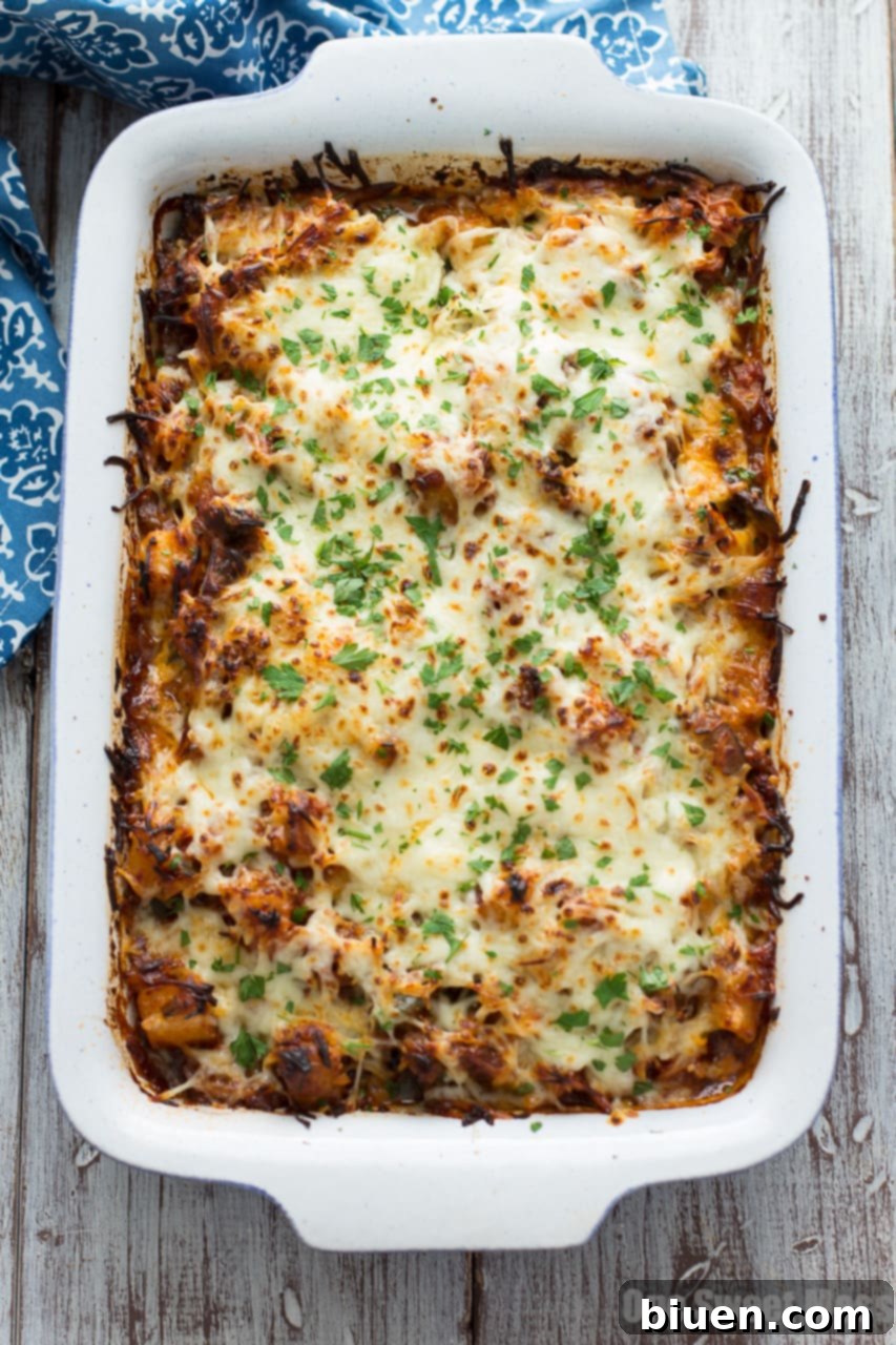 Close-up of baked Sausage Pizza Au Gratin Potato Casserole