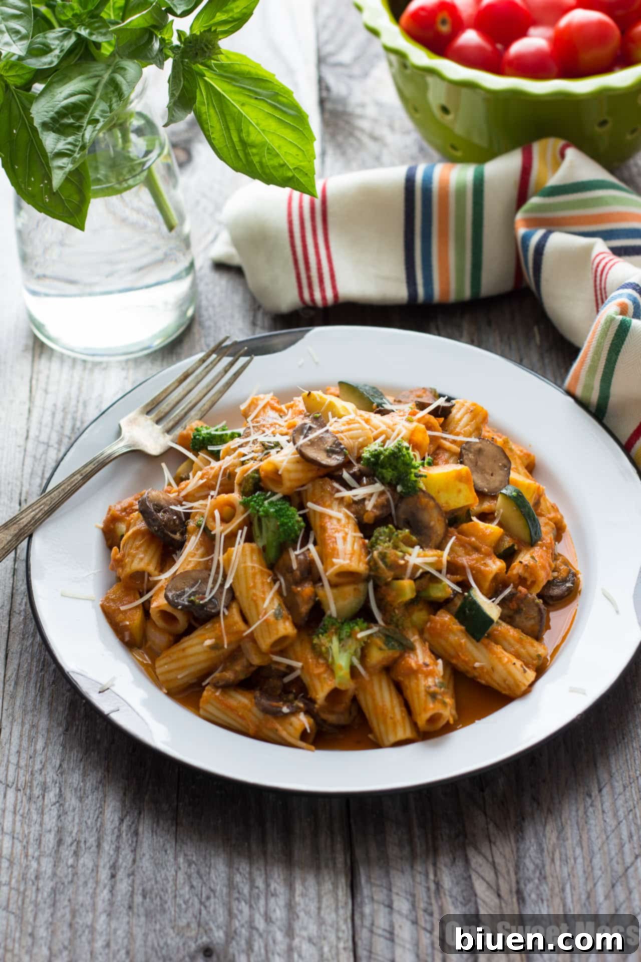 Delicious Roasted Marinara Pasta Primavera with fresh vegetables