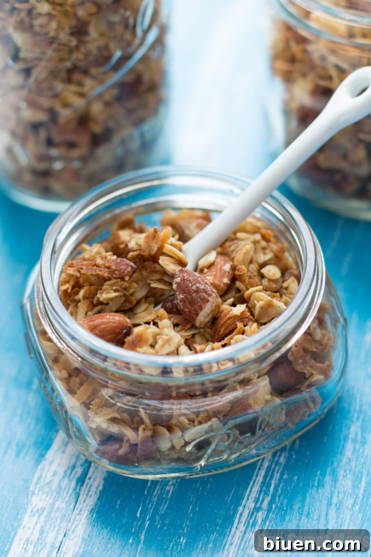 Rich Vanilla Almond Granola 3 Close-up of Very Vanilla Almond Granola in a bowl, highlighting its crunchy texture and whole almond pieces