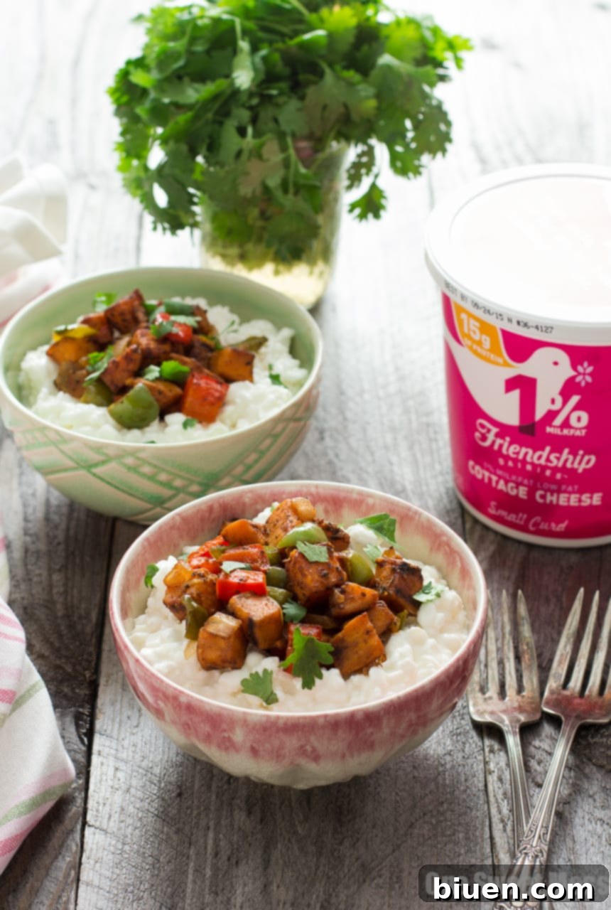 Sweet Potato Fajita Cottage Cheese Bowls - vibrant, healthy, and gluten-free lunch option