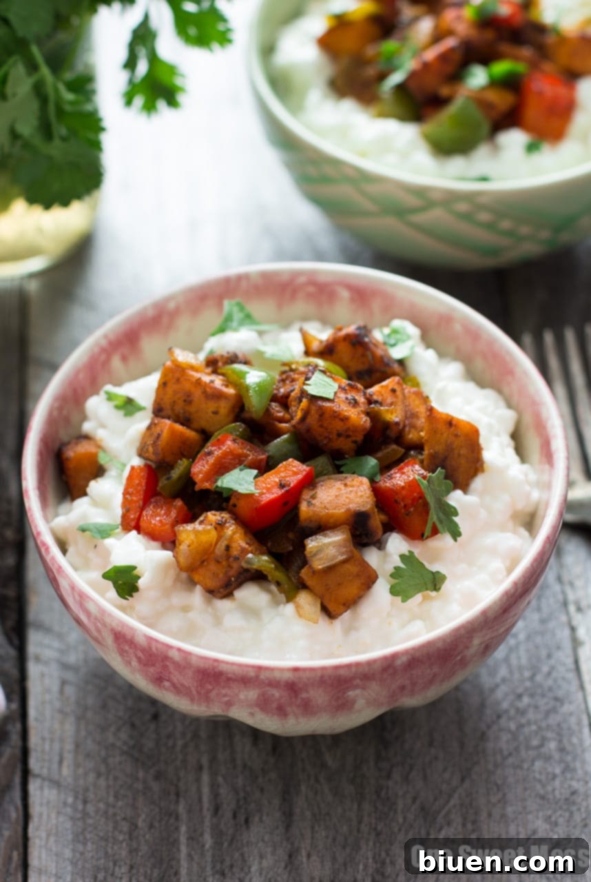 Close-up of a Sweet Potato Fajita Cottage Cheese Bowl with fresh ingredients