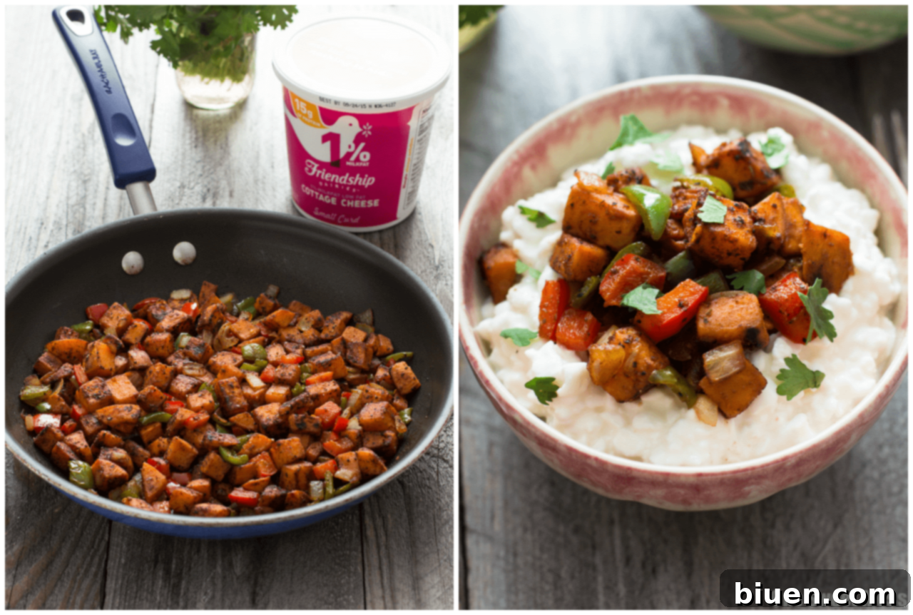 Delicious Sweet Potato Fajita Cottage Cheese Bowls arranged beautifully