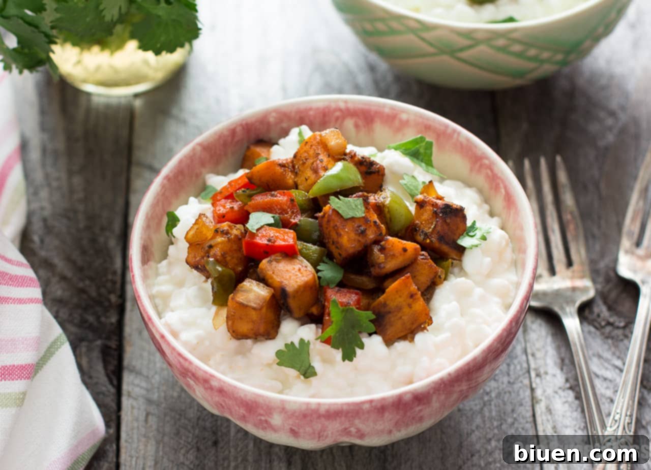 Artfully presented Sweet Potato Fajita Cottage Cheese Bowl, ready to eat