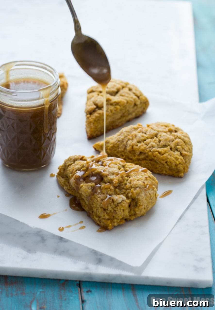 Pumpkin Spice Scones with Bourbon Caramel Glaze