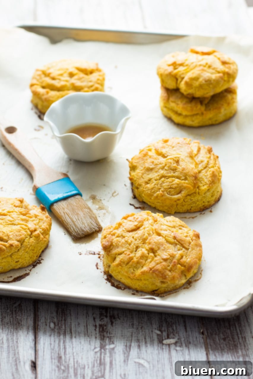Fluffy Pumpkin Biscuits with Brown Sugar Pumpkin Spice Glaze on a baking tray, ready to be served