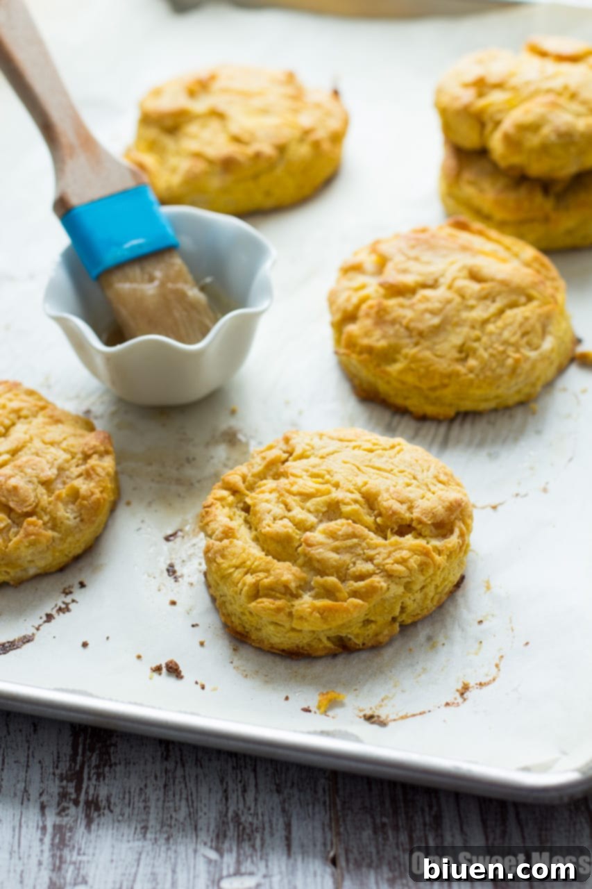 Close-up view of two freshly baked Pumpkin Biscuits with a rich, glossy glaze
