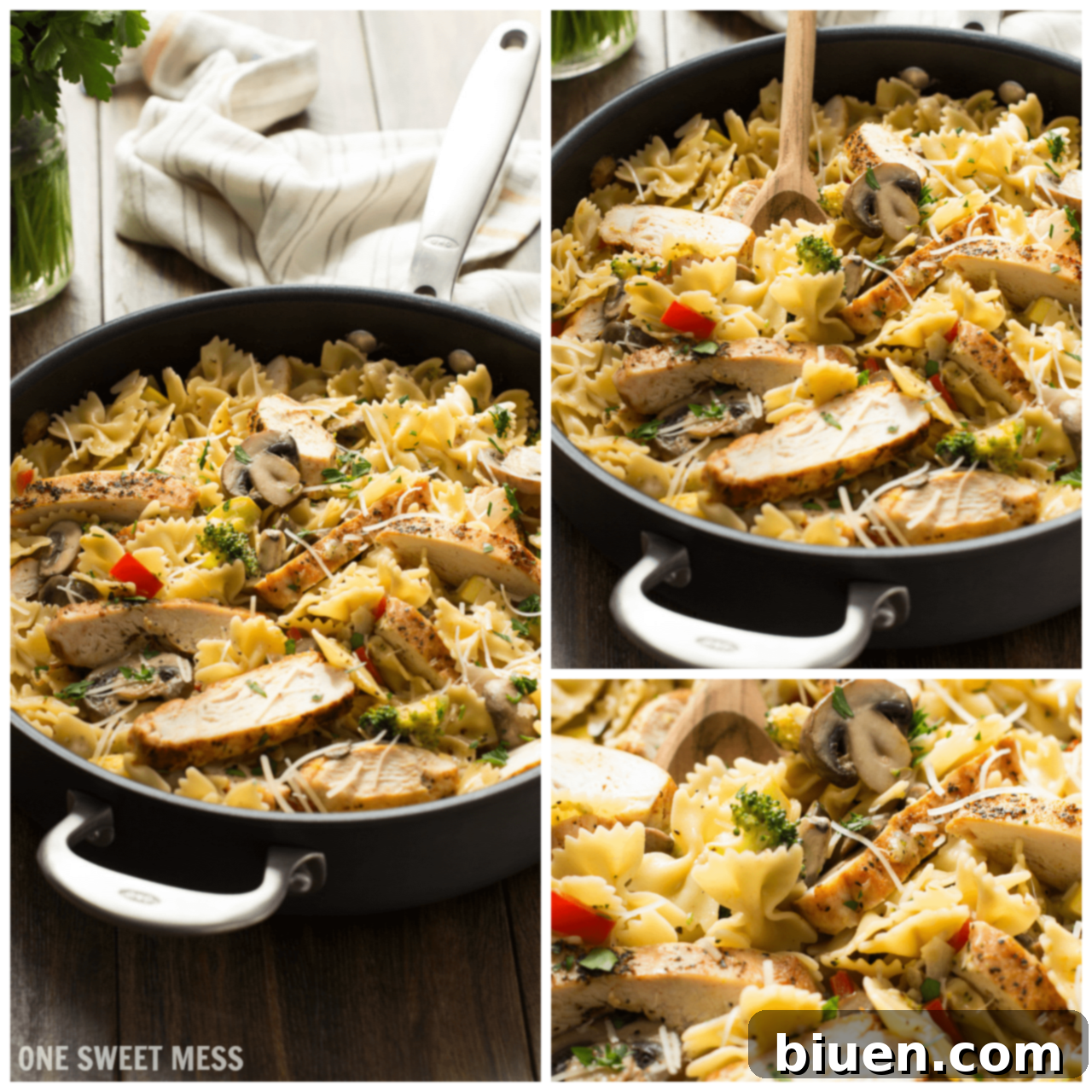 Chicken Alfredo Primavera ready to serve: A beautifully plated dish of Chicken Alfredo Primavera, garnished with fresh parsley and extra Parmesan cheese, highlighting its vibrant colors and delicious presentation.