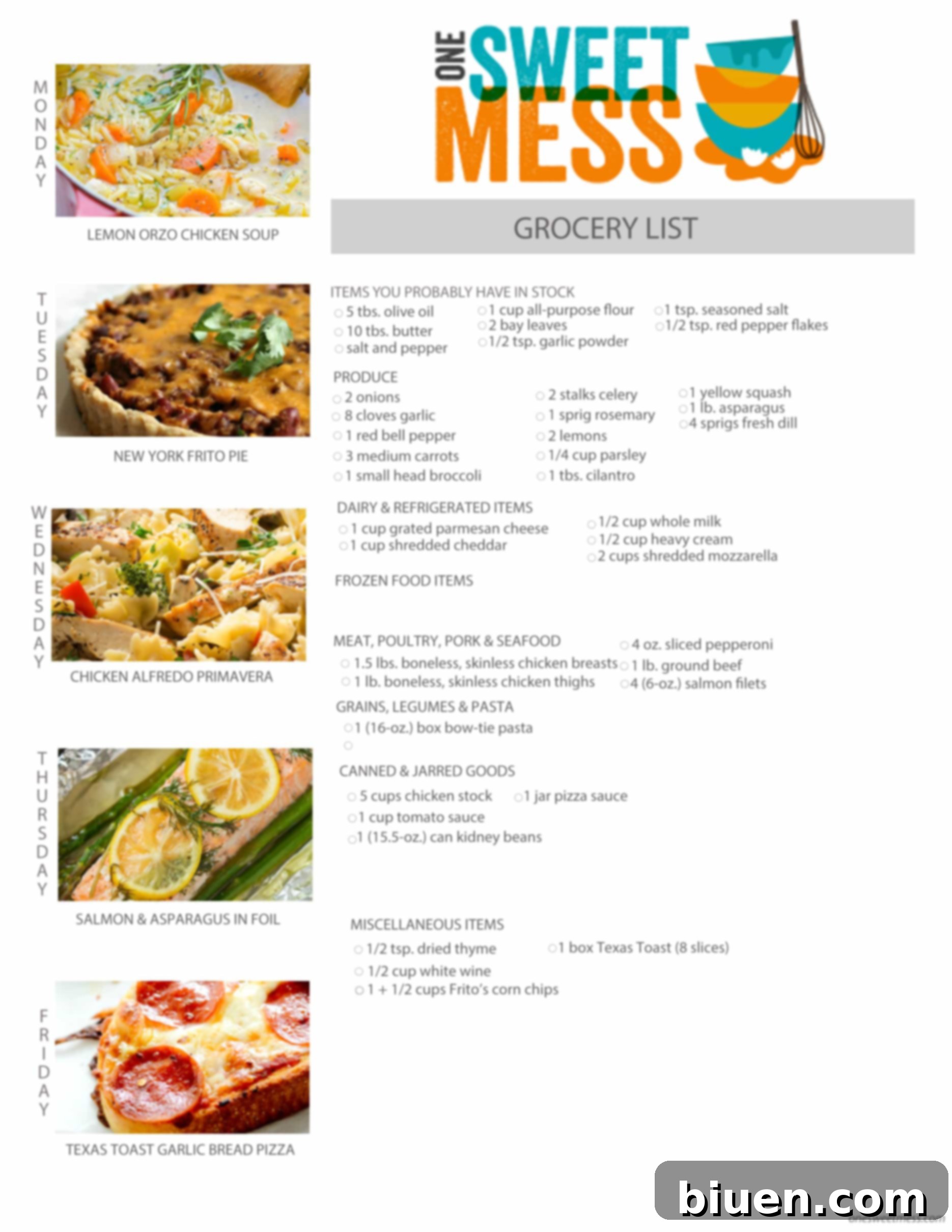Weekly Meal Plan and Printable Grocery List for stress-free meal preparation, featuring five delicious dinner recipes.