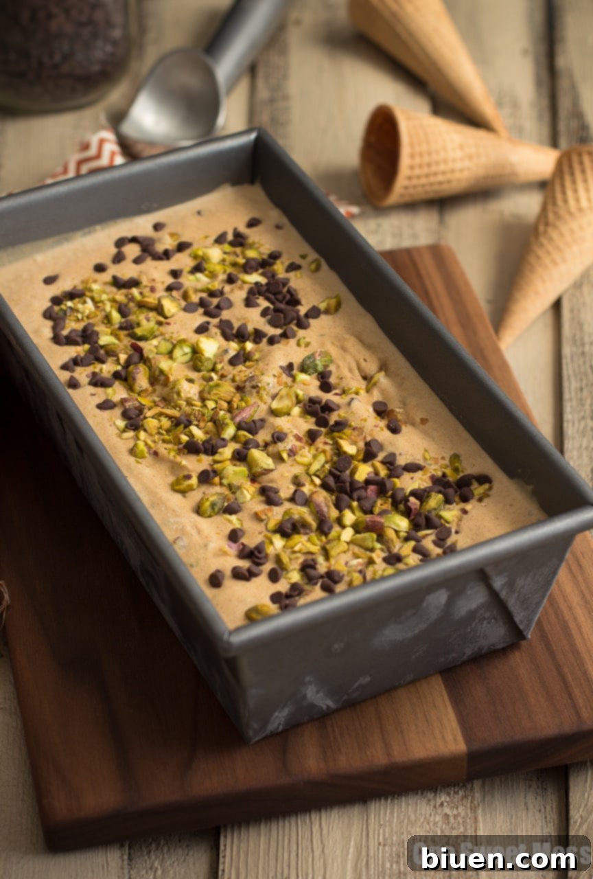 Pumpkin Spice Latte Ice Cream with Toasted Pistachios and Mini Chocolate Chips