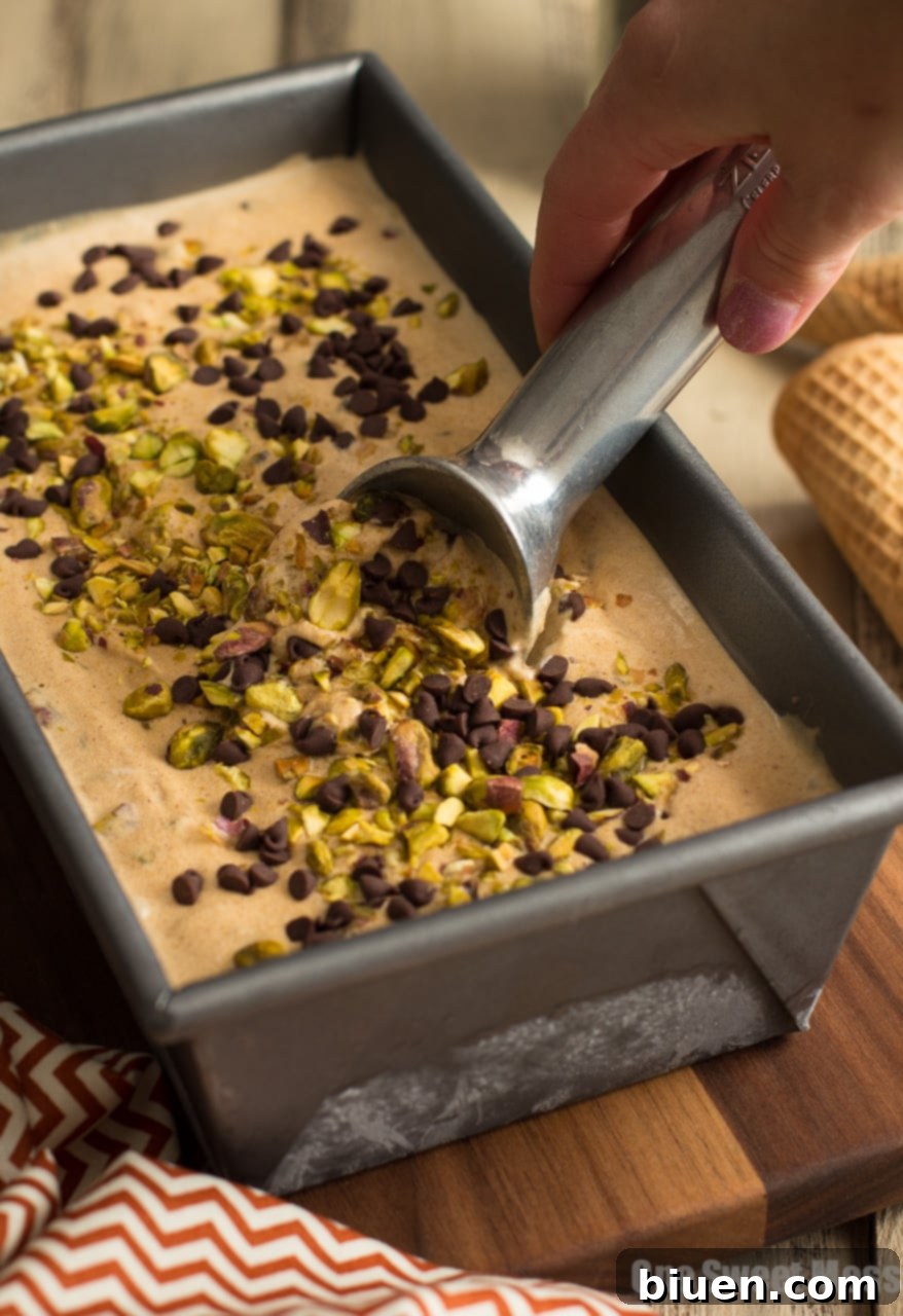 Pumpkin Spice Latte Ice Cream with Toasted Pistachios and Mini Chocolate Chips