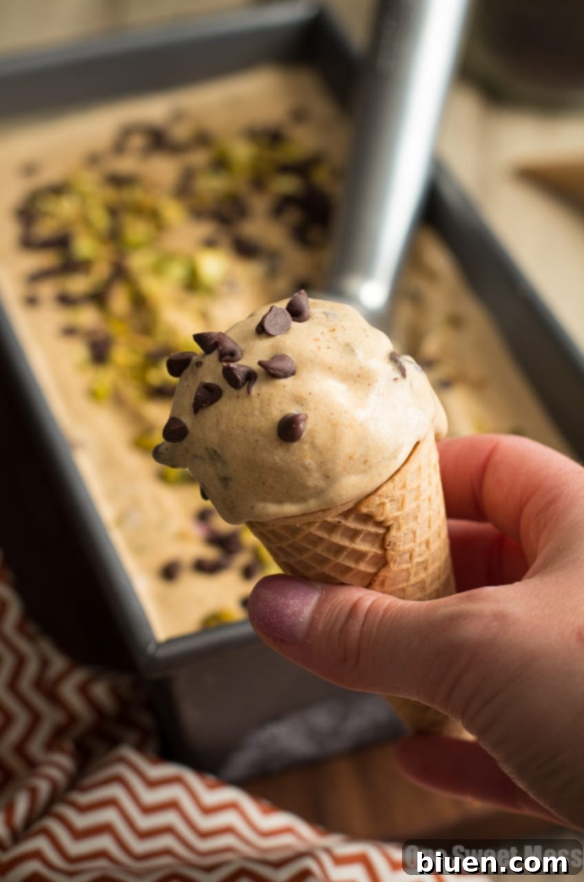 Pumpkin Spice Latte Ice Cream with Toasted Pistachios and Mini Chocolate Chips