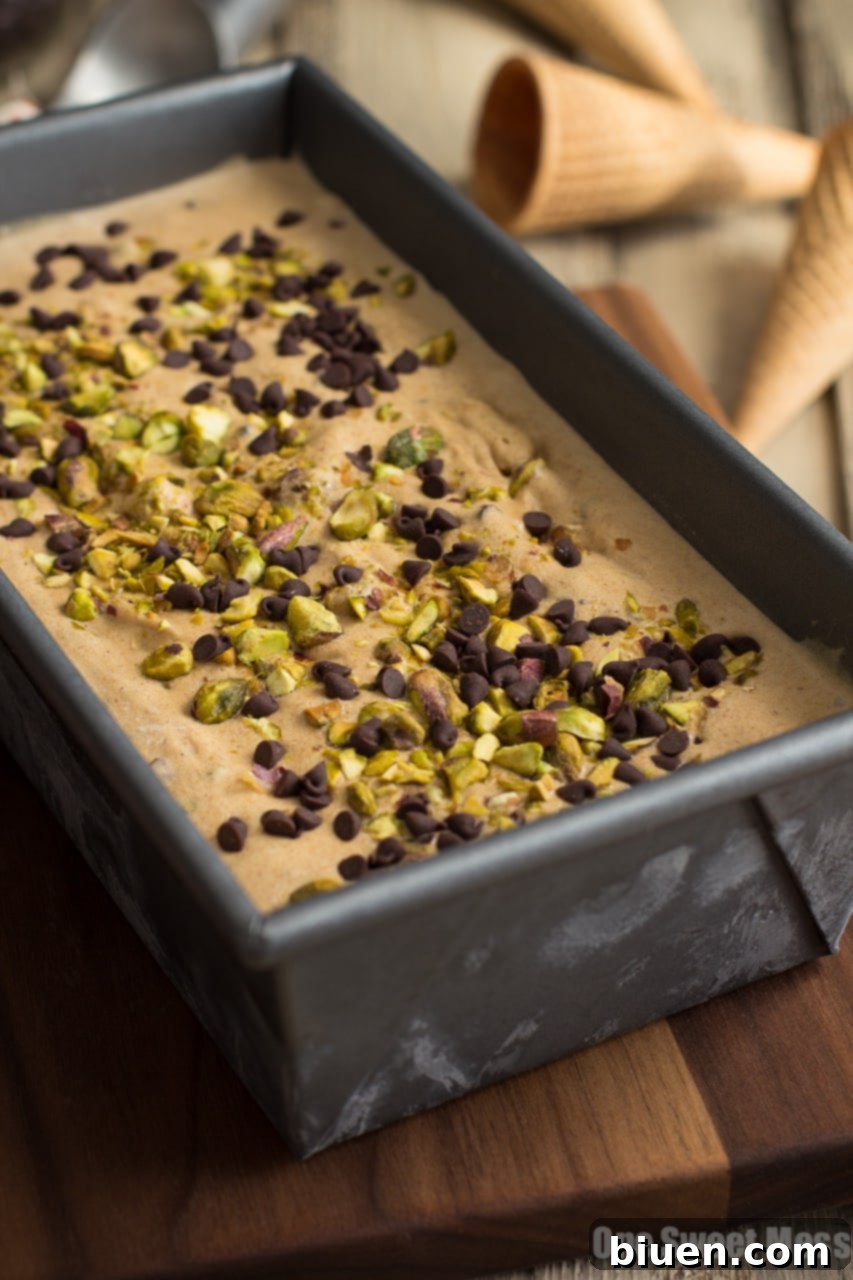 Pumpkin Spice Latte Ice Cream with Toasted Pistachios and Mini Chocolate Chips