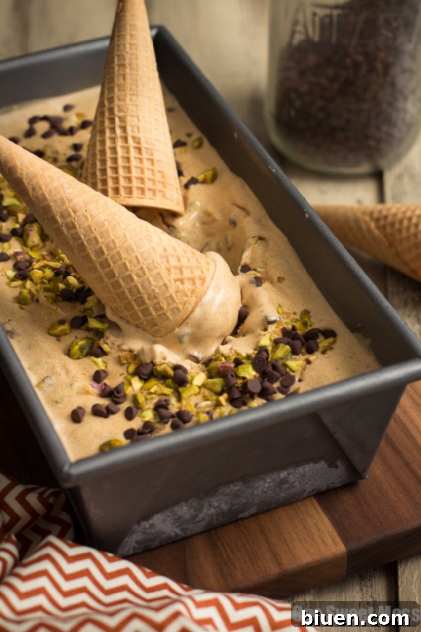 Pumpkin Spice Latte Ice Cream with Toasted Pistachios and Mini Chocolate Chips