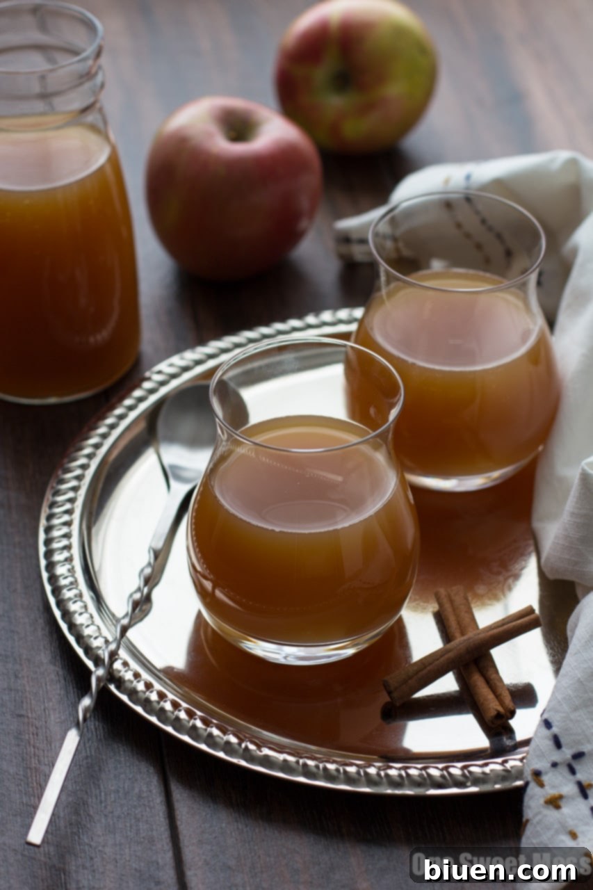 Pitcher and glasses of Caramel Apple Pie Martini, garnished with apple slices