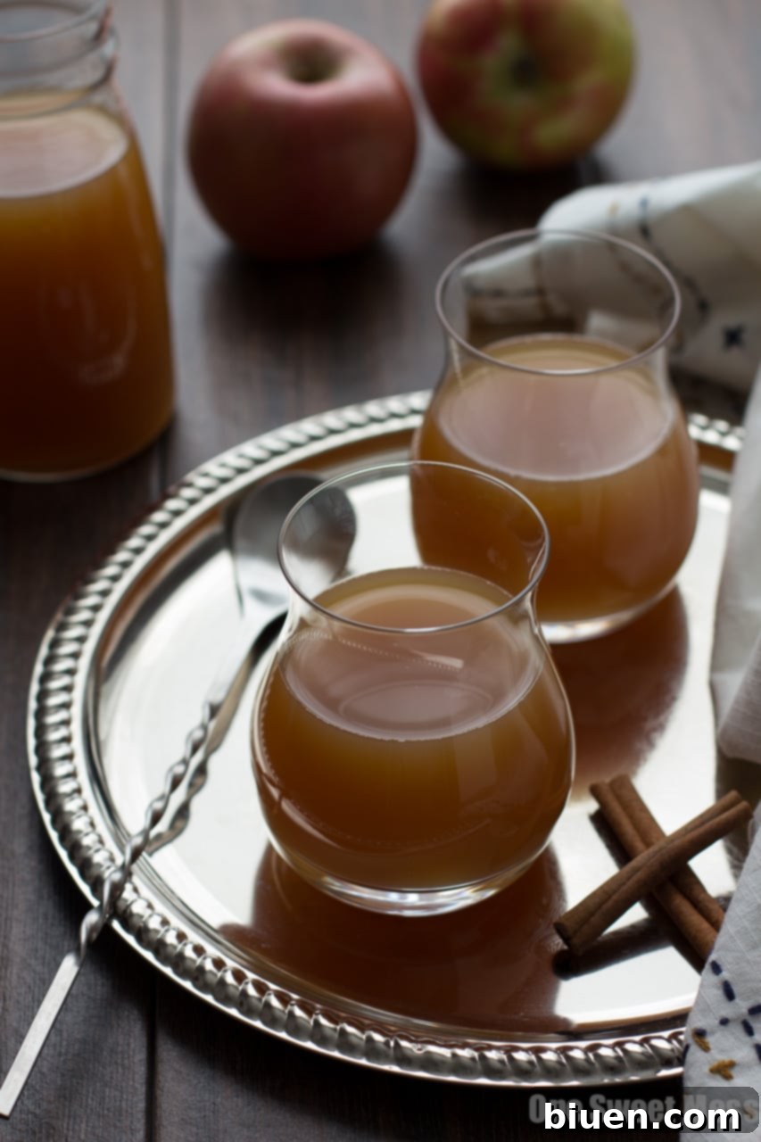 A hand holding a glass of Caramel Apple Pie Martini, with pitcher in background