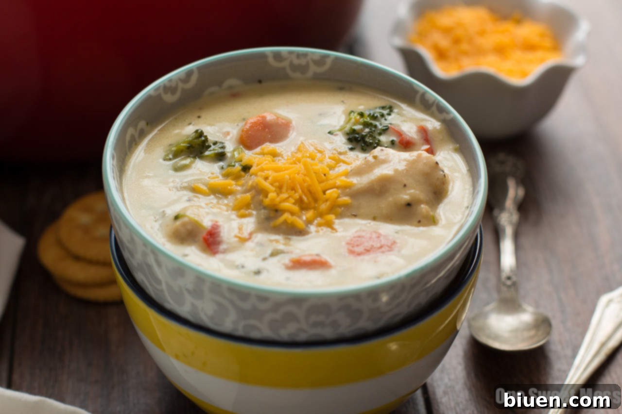 Serving of Cheesy Chicken & Veggie Chowder in a white bowl