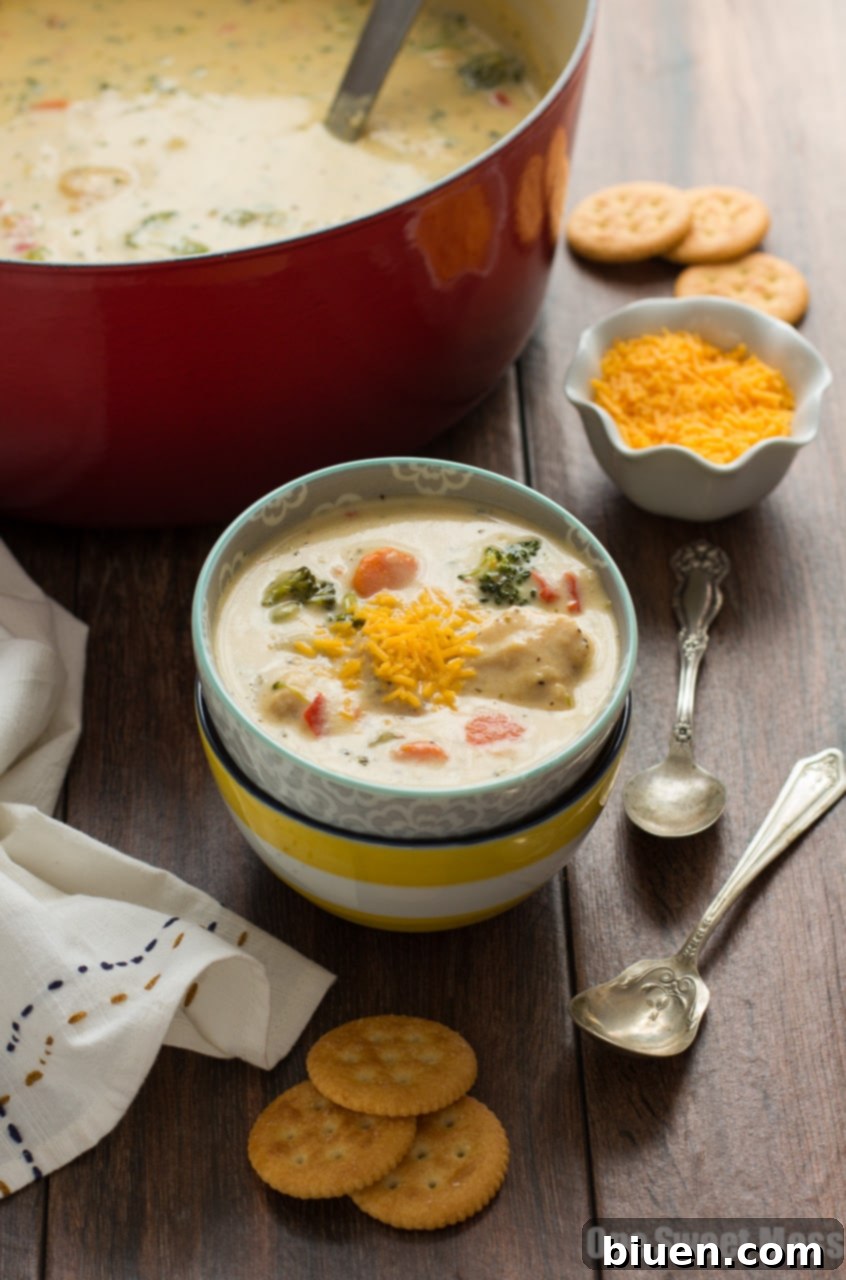 Cheesy Chicken & Veggie Chowder garnished with fresh herbs