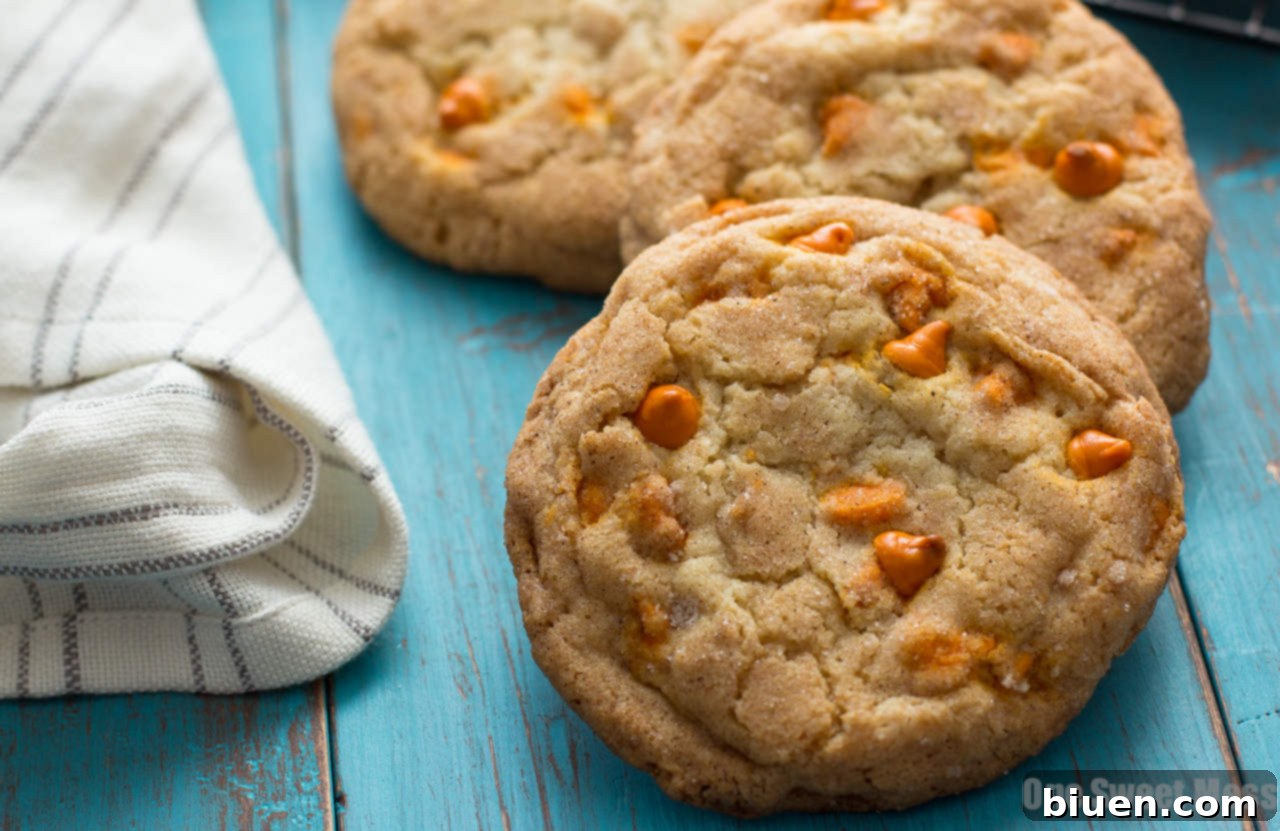 Pumpkin Spice Snickerdoodles: These soft, gooey cookies are loaded with pumpkin spice baking chips and rolled in a pumpkin spice sugar mixture.