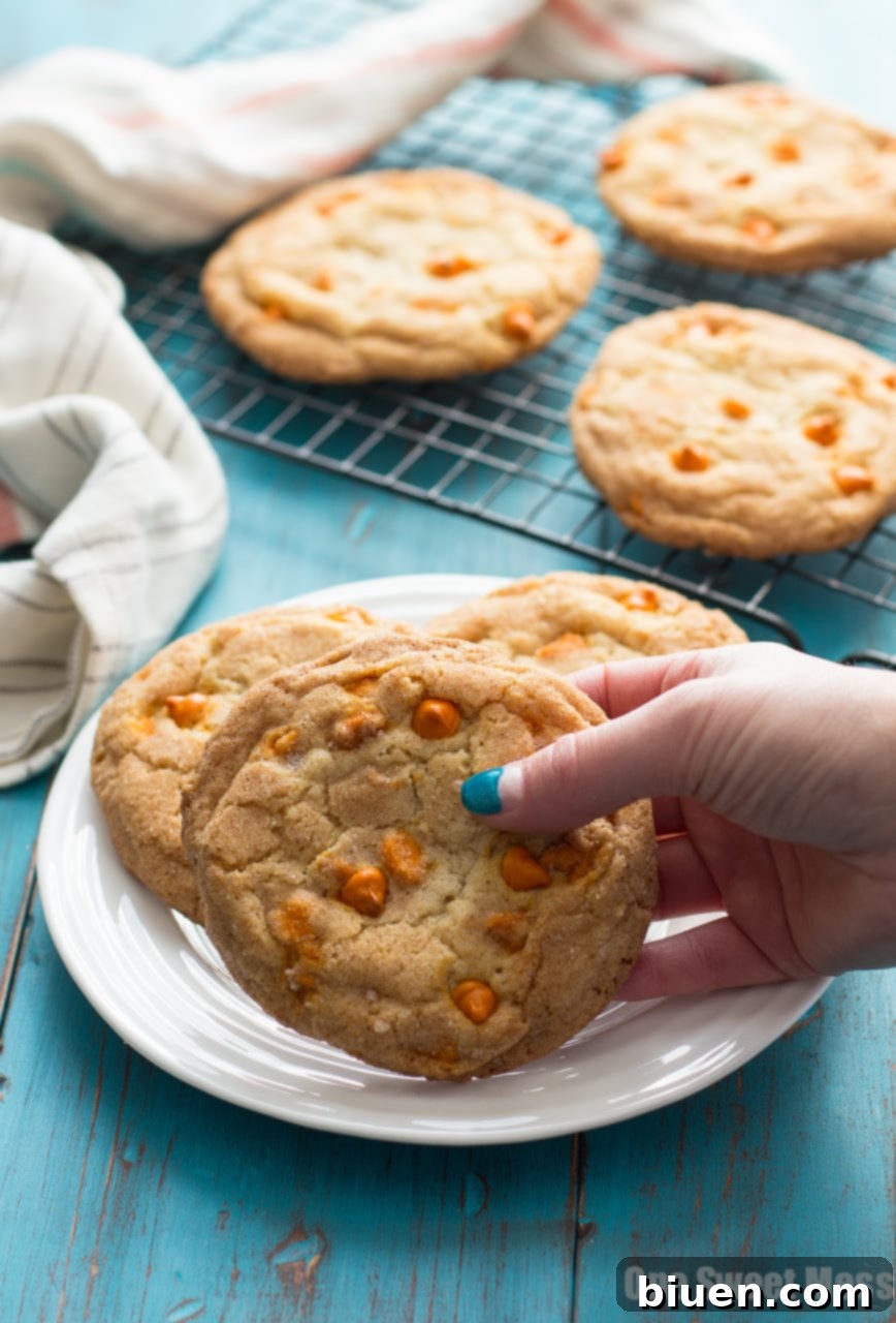 Pumpkin Spice Snickerdoodles: These soft, gooey cookies are loaded with pumpkin spice baking chips and rolled in a pumpkin spice sugar mixture.