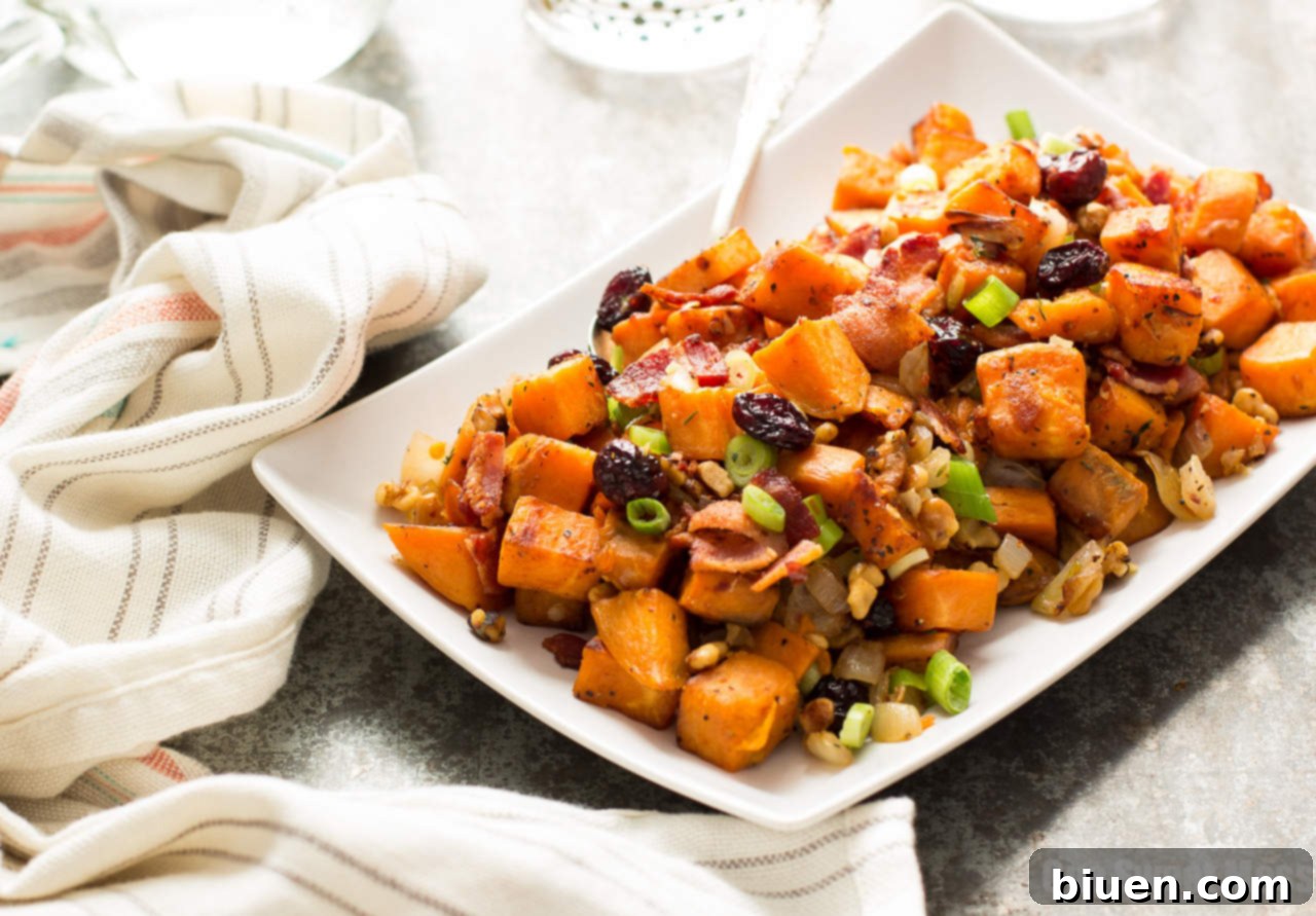 Cranberry-Walnut Sweet Potato Hash served in a bowl, ready for the table