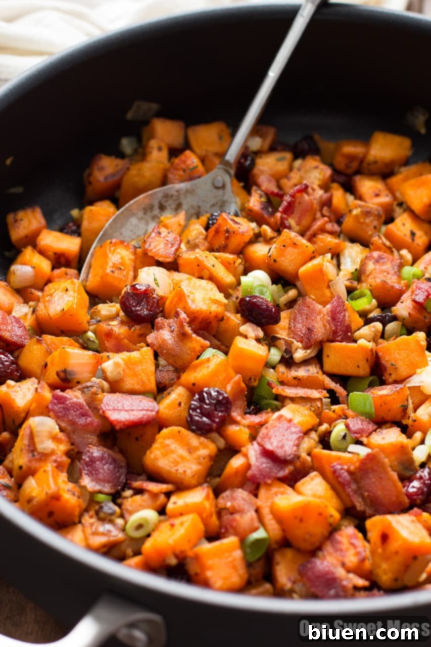 Ingredients for Cranberry-Walnut Sweet Potato Hash laid out on a table