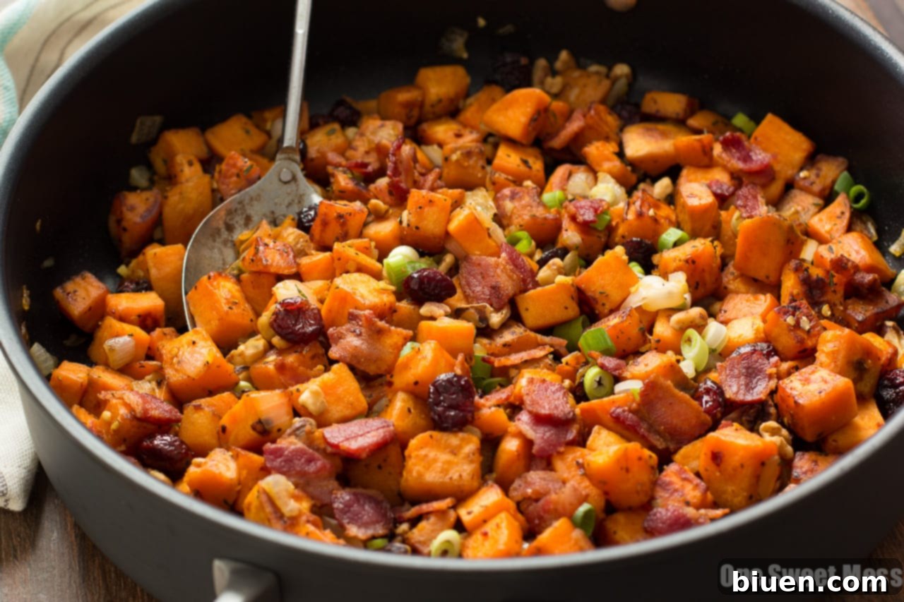 Sweet potatoes diced and ready for cooking in Cranberry-Walnut Sweet Potato Hash