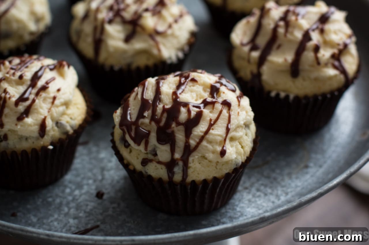 Fudge Stuffed Chocolate Chip Cupcakes with Malted Milk Buttercream Frosting