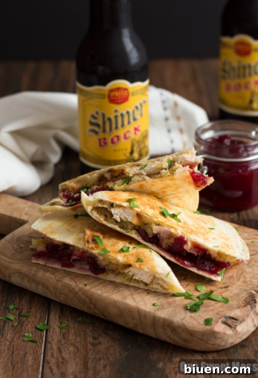 Savory Turkey, Stuffing & Cranberry Quesadilla: All the Thanksgiving leftovers expertly combined between a toasted flour tortilla with rich smoked cheese.